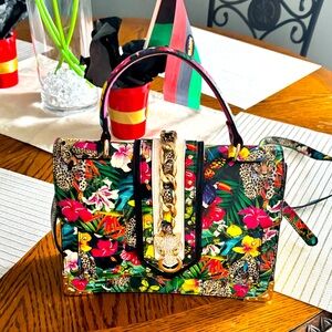 Black and Red Shoulder Bag with Floral and Animal Print